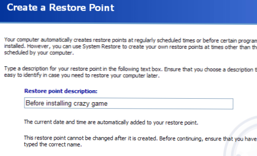 Järjestelmän palautuspisteen luominen manuaalisesti XP: ssä (Windows XP)
