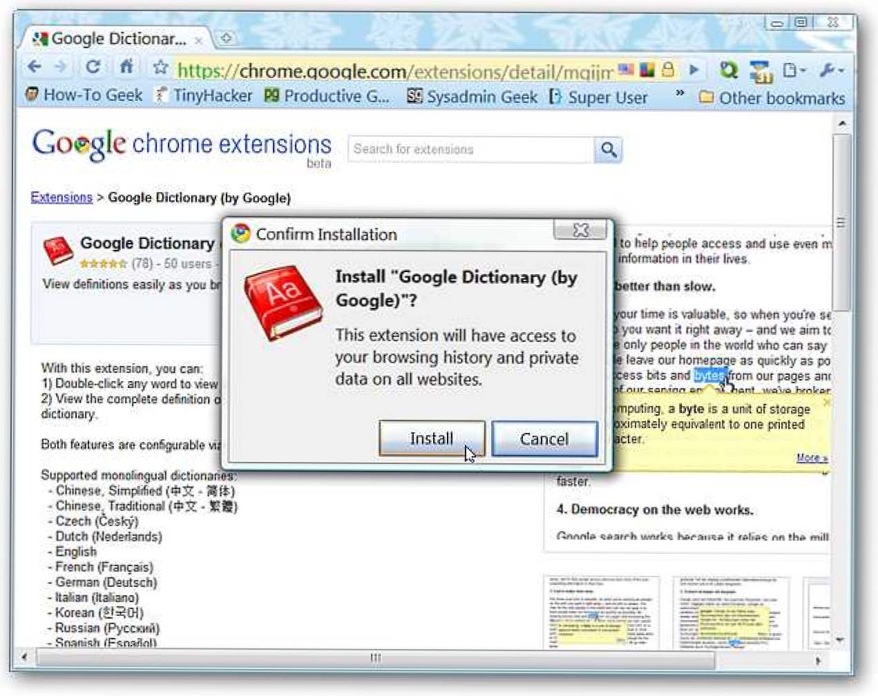 Adăugați Google Dictionary Power în Chrome (Cum să)