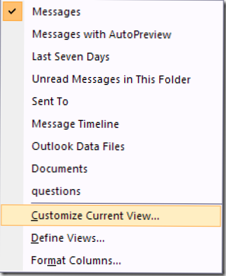 Pielāgojiet redzamos laukus Outlook e-pasta saraksta laukumā (Kā)