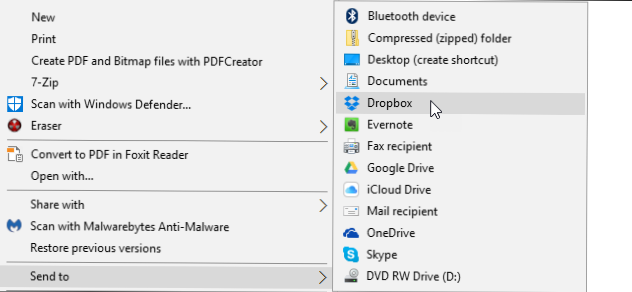 Kuinka lisätä Dropbox (tai muut pilvipalvelut) Send to -valikkoon Windowsissa (Miten)