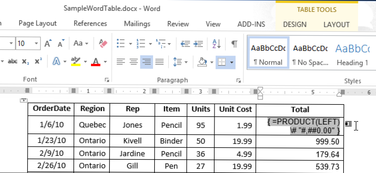 Cum la rândurile și coloanele totale într-un tabel Word 2013 (Cum să)