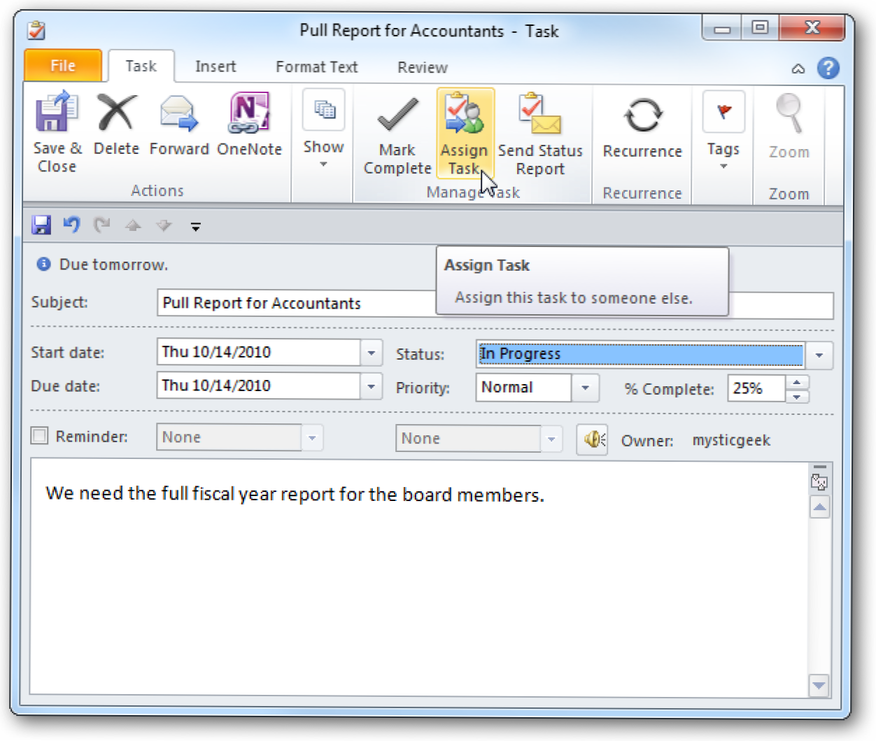 Pemula: Cara Menetapkan Tugas ke Orang Lain di Outlook 2010 (Bagaimana caranya)