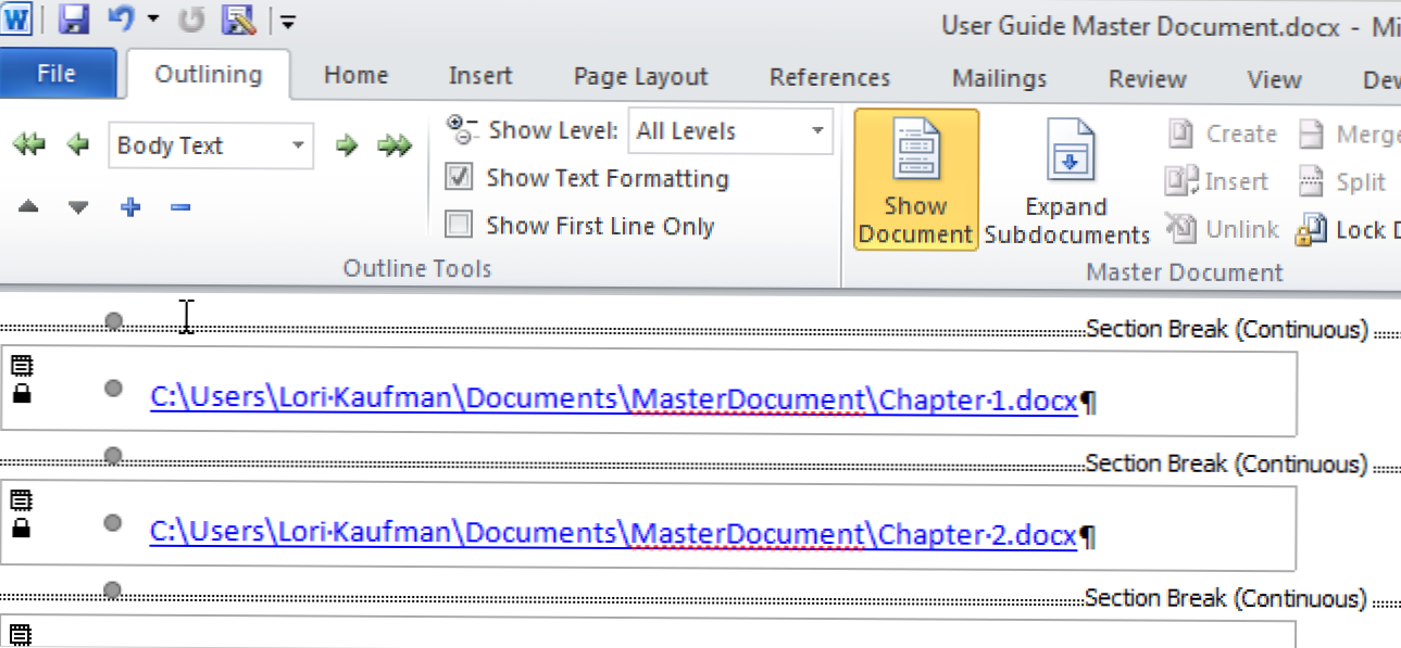 Създайте основен документ в Word 2010 от няколко документа (Как да)