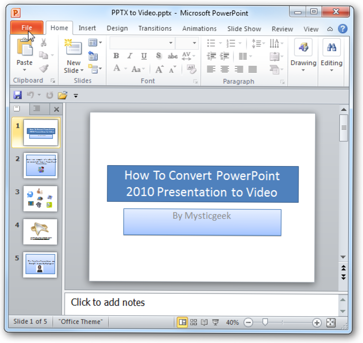 Conversia prezentării PowerPoint 2010 la video (Cum să)