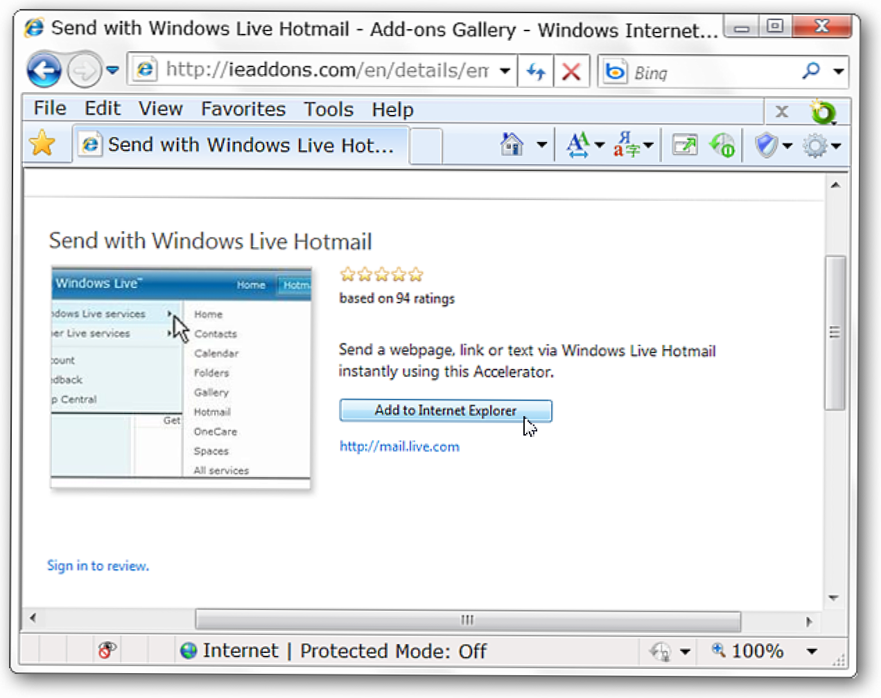 Lähetä teksti ja linkit Windows Live Hotmailin kautta IE 8: ssa (Miten)